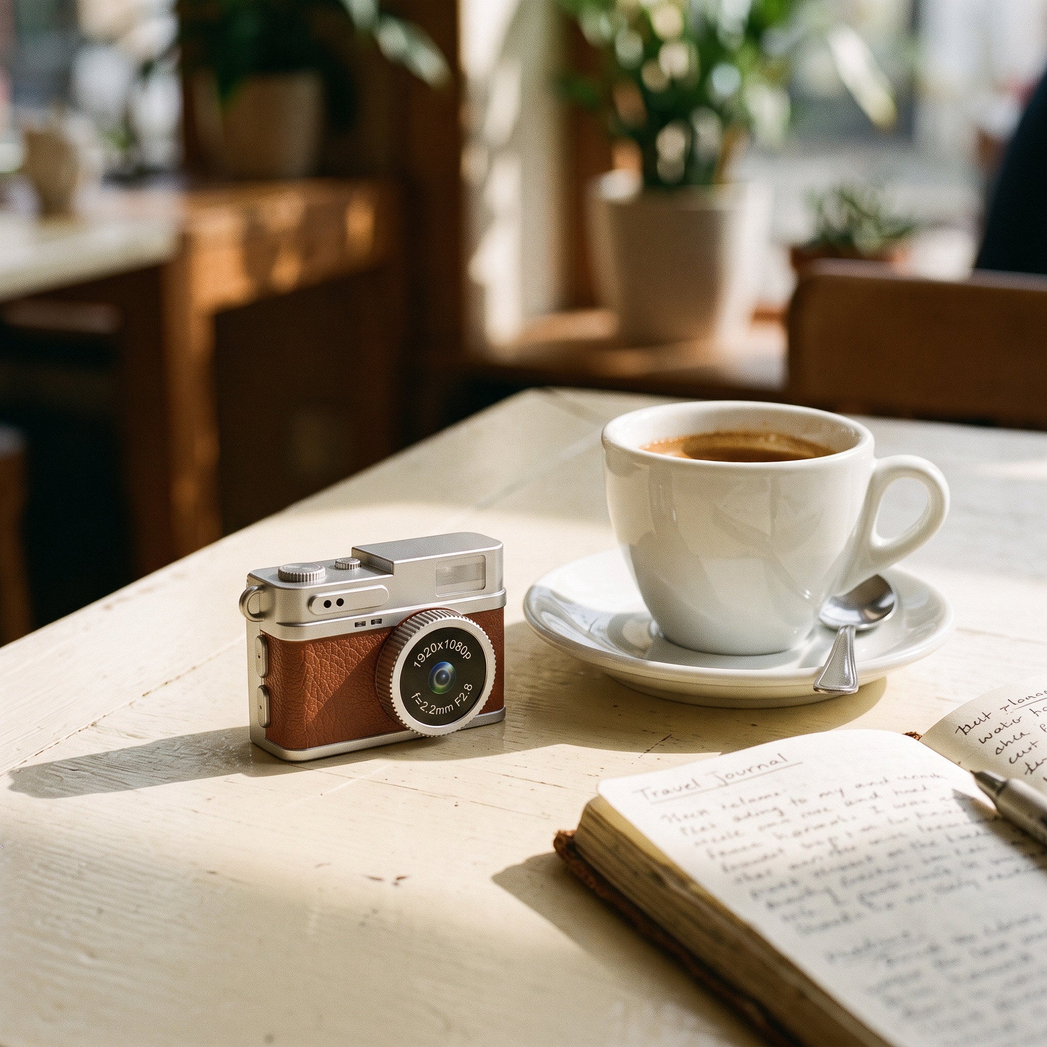 Brown Little Snap mini camera on a café table