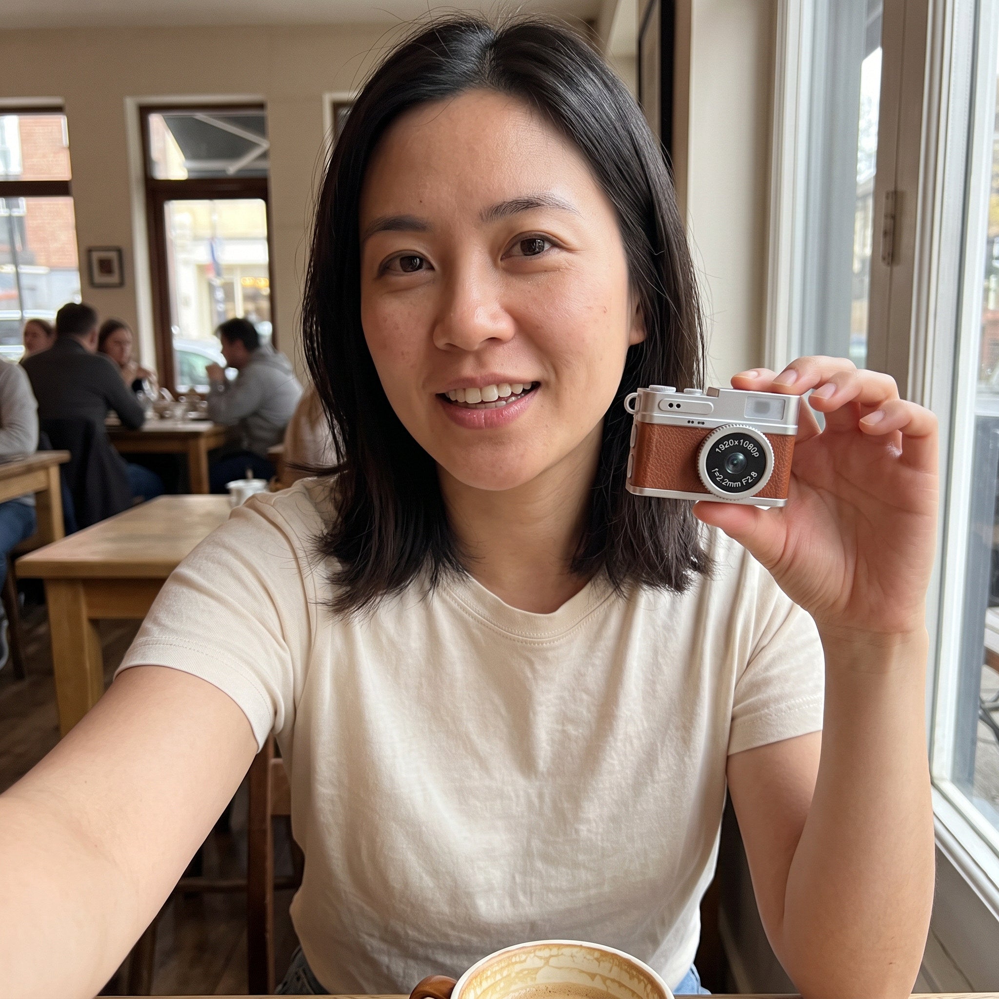 Woman taking a café selfie with a Brown Little Snap camera