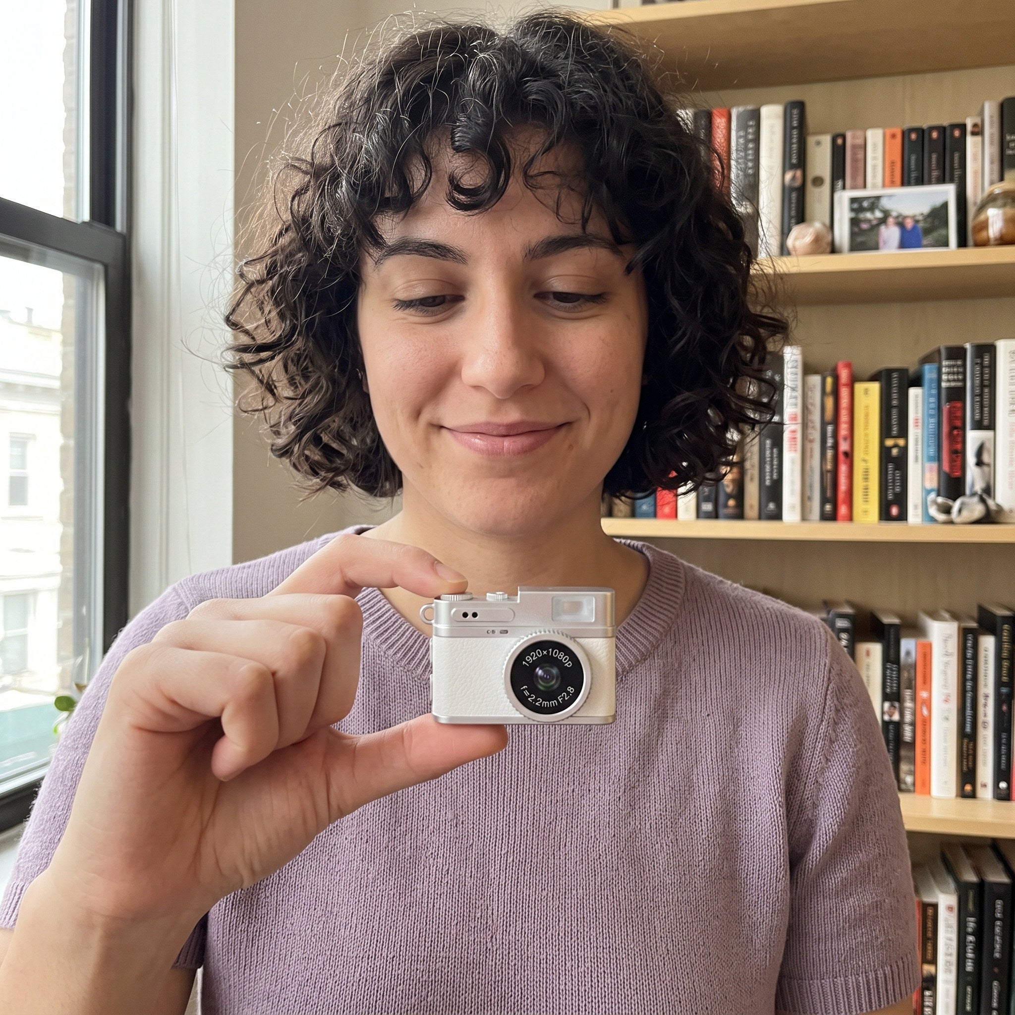 Woman taking a home selfie with a Little Snap camera